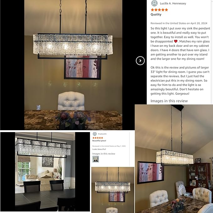 Modern Chandeliers for Dining Room, 6-Light Large Black Rectangle Kitchen Island Lighting with Water Ripple Glass, 42” Crystal Linear Chandelier Light Fixture Over Table for Living Room