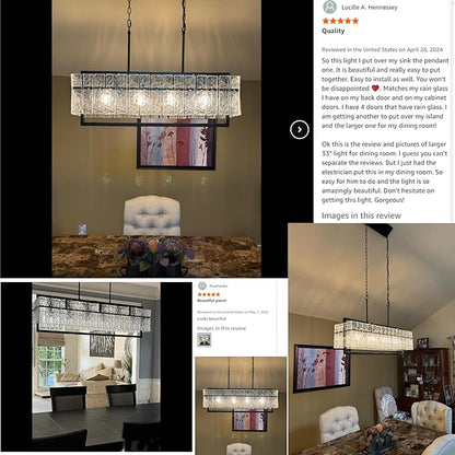 Modern Chandeliers for Dining Room, 6-Light Large Black Rectangle Kitchen Island Lighting with Water Ripple Glass, 42” Crystal Linear Chandelier Light Fixture Over Table for Living Room