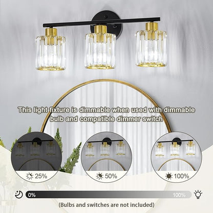 Crystal Bathroom Light Fixtures, Bathroom Lighting Fixtures Over Mirror, Modern Black Gold 3-Light Vanity Lights for Mirror, Restroom, Bedroom (Ceramic E26 Socket,Bulbs Not Include)