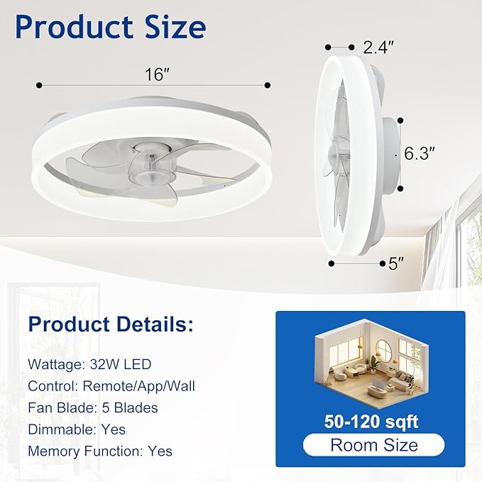 DLLT LED Ceiling Fan with Light: 16" Modern Low Profile Flush Mount Fandelier with App & Remote Control - Dimmable White Bladeless Fan Light Fixture for Bedroom Kids Room Living Room