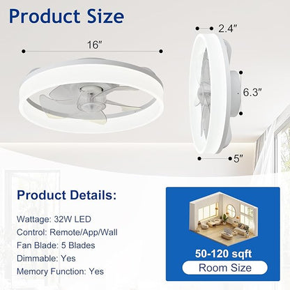 DLLT LED Ceiling Fan with Light: 16" Modern Low Profile Flush Mount Fandelier with App & Remote Control - Dimmable White Bladeless Fan Light Fixture for Bedroom Kids Room Living Room