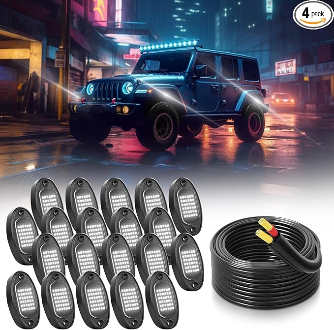 Rock Lights Ultra Bright LED Neon Underglow Lights Waterproof for Trucks Pickup SUV UTV ATV RZR Car Boats Motorcycle (White, 20 Pods+ 33ft Wire Harness)