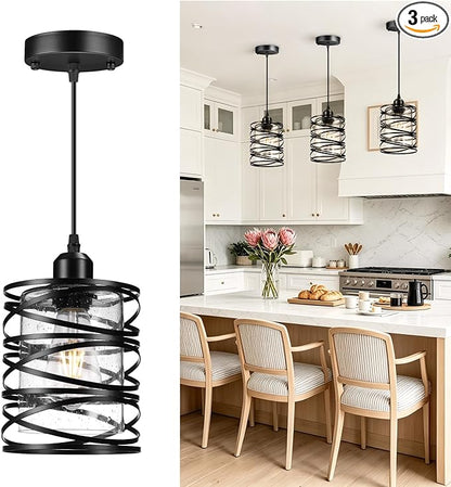 Pendant Lights 3 Pack Kitchen Lights with Bubble Seeded Glass Island Lights Black Hanging Light for Kitchen, Dining Room, Bathroom, Entryway, Restaurant