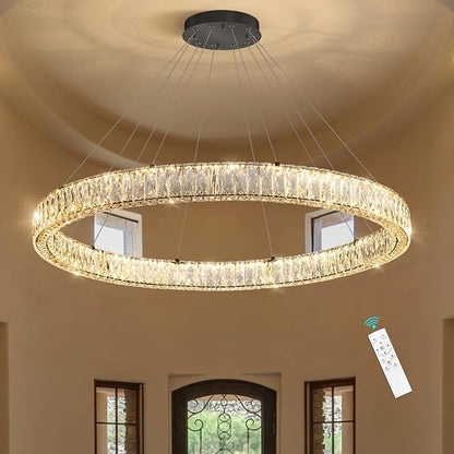 HAIXIANG Modern Crystal Chandelier Dimmable Large Ring LED Pendant Lights Adjustable Glam Chandeliers Lighting Fixtures for Dining Room Living Room Bedroom Black Light
