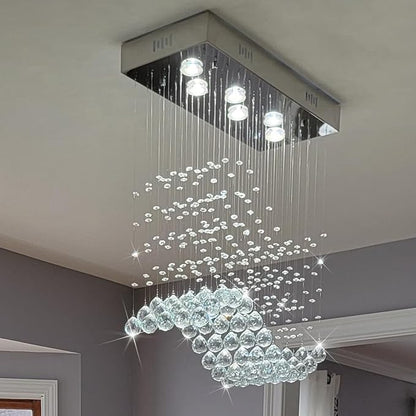 Modern Wave Chandelier, Rectangular Crystal Raindrop Chandelier Flush Mount Pendant Lighting Chrome Ceiling Light Fixture for Dining, Living Room, Kitchen Island, Bedroom of CRYSTOP