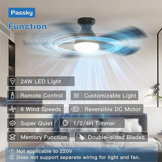 Passky Ceiling Fans with Lights, 42 inch Flush Mount Ceiling fan with Remote Control, Low Profile Ceiling Fan for Bedroom, Farmhouse, Reversible, 3CCT, Dimmable, Noiseless DC Motor, Black