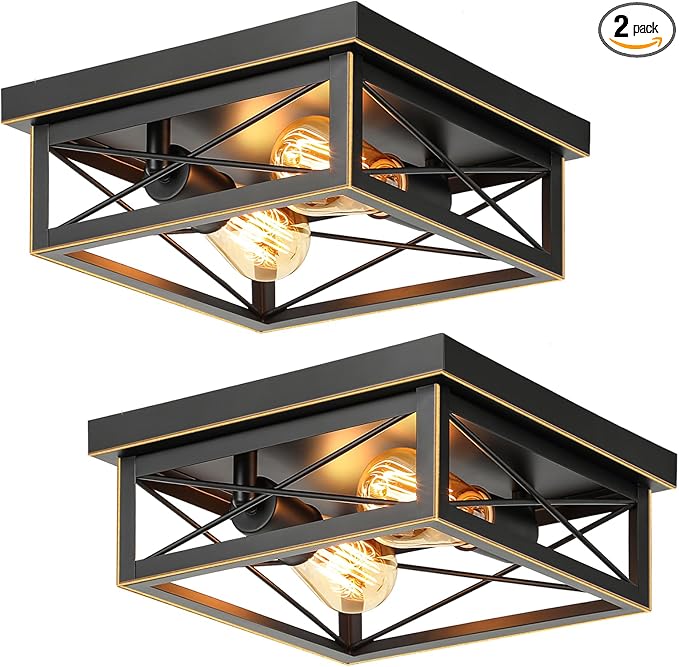 Brushed Gold Hallway Light Fixtures Ceiling, 2-Light Farmhouse Industrial Flush Mount Ceiling Lights, 2-Pack Metal Kitchen Light Fixtures, Close to Ceiling Lights for Bedroom Living Room Entryway