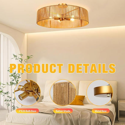 24" Natural Rattan Ceiling Light, Semi Flush Mount Gold Ceiling Light Fixture, 5-Light Boho Chandelier Antique Brass Brush Paint Farmhouse Lamp Fixture for Bedroom Living Room Kitchen Island