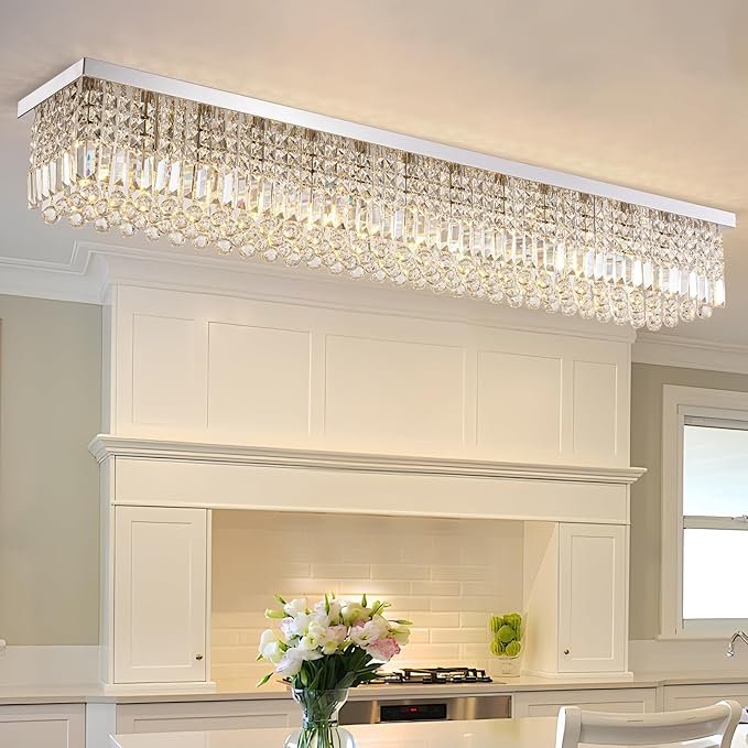 Large Modern Crystal Chandeliers for Dining Room Light Fixture, 13-Light Rectangle Chandelier Ceiling Light for Kitchen Island Living Room, L59 Inch, Chrome Finish