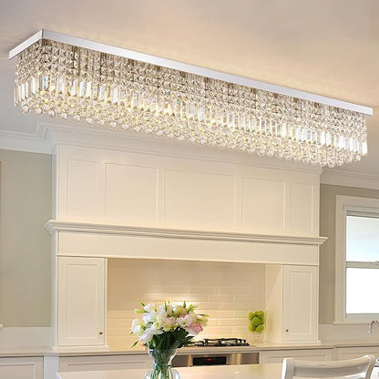 Large Modern Crystal Chandeliers for Dining Room Light Fixture, 13-Light Rectangle Chandelier Ceiling Light for Kitchen Island Living Room, L59 Inch, Chrome Finish