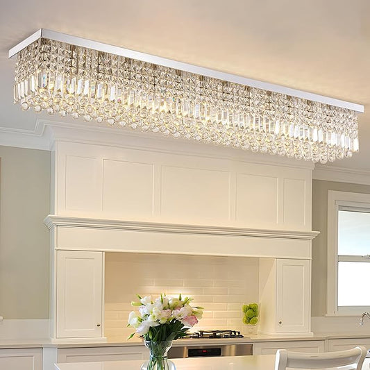 Large Modern Crystal Chandeliers for Dining Room Light Fixture, 13-Light Rectangle Chandelier Ceiling Light for Kitchen Island Living Room, L59 Inch, Chrome Finish
