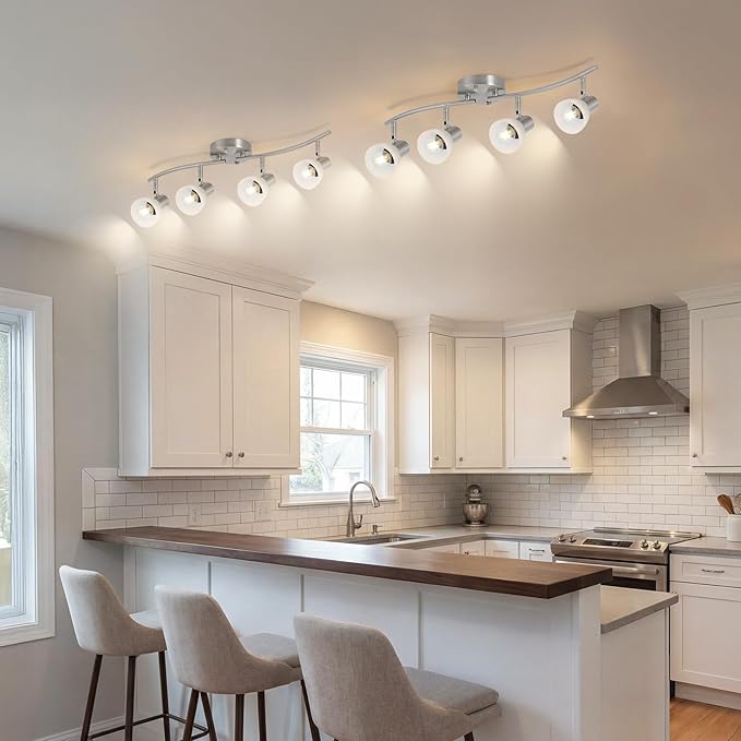KEESFU 4 Light Nickel-Finish Track Lighting Fixture with Adjustable Directional Heads and Frosted Glass Shades – Ideal for Kitchen, Hallway, Living Room & Bathroom Vanity Lighting (Bulbs Not Included)