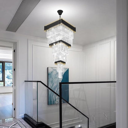 W24 x H80 Large Black Gold Chandeliers for High Ceiling, 15-Light Square Tiered K9 Crystal Raindrop Chandelier, Adjustable Height Luxury Pendant Light for Staircase, Villa Foyer, Entryway