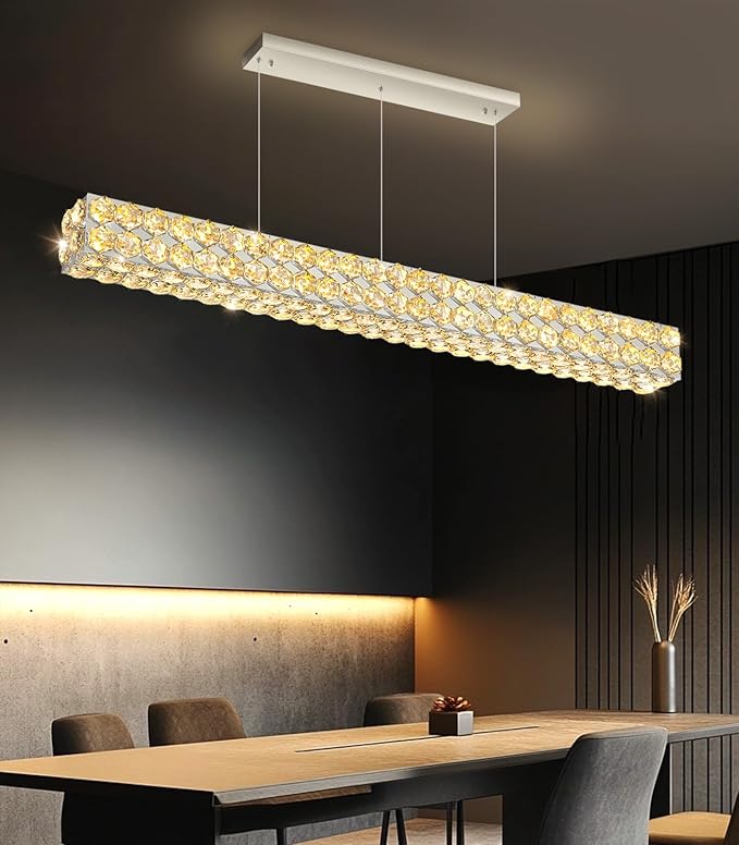 47'' Modern Crystal Chandelier for Dining Room Ceiling Light Fixture for Living Room Hallway Lighting LED Dimmable with Remote Silver