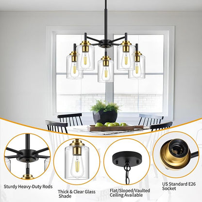 9MMML 5 Lights Glass Chandelier,Modern Kitchen Island Lighting Black and Gold Metal Dining Room Light Fixture for Living Room Foyer,E26