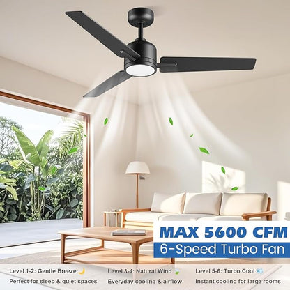 52 inch Ceiling Fans with Lights and Remote, Dimmable 3 Color temperatures LED, Reversible with Quiet DC Motor, 3 Blade High CFM Indoor Outdoor Modern Ceiling Fan for Bedroom Living Room (Black)