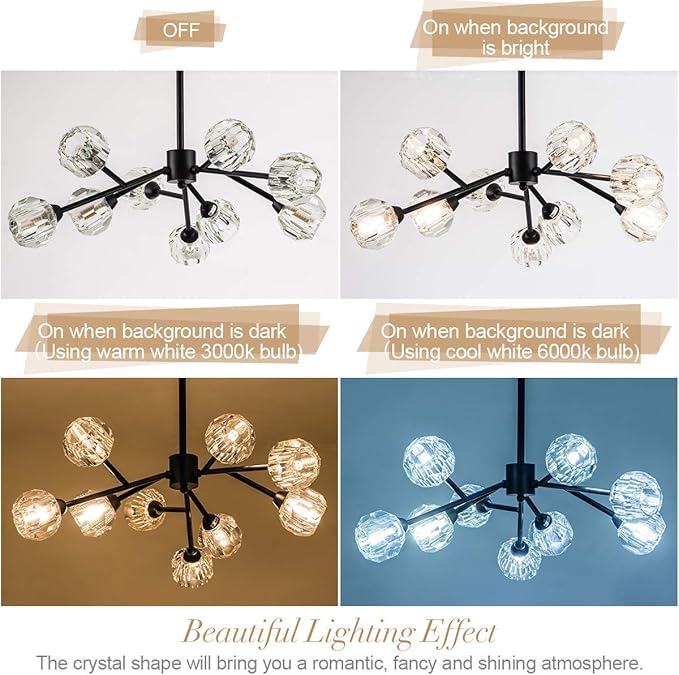 Weesalife Sputnik Chandeliers for Dining Room Light Fixture Over Table, Modern Crystal Chandeliers, 9 Lights Black Lighting Fixtures for Living Room Bedroom Kitchen Island Bar