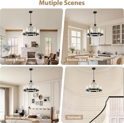 6-Light Large Black Wagon Wheel Chandelier with Glass Shades, 20 Inch Farmhouse Industrial Round Chandelier for High Ceilings, Pendant Lighting Fixture for Dining Living Room Kitchen Island Foyer