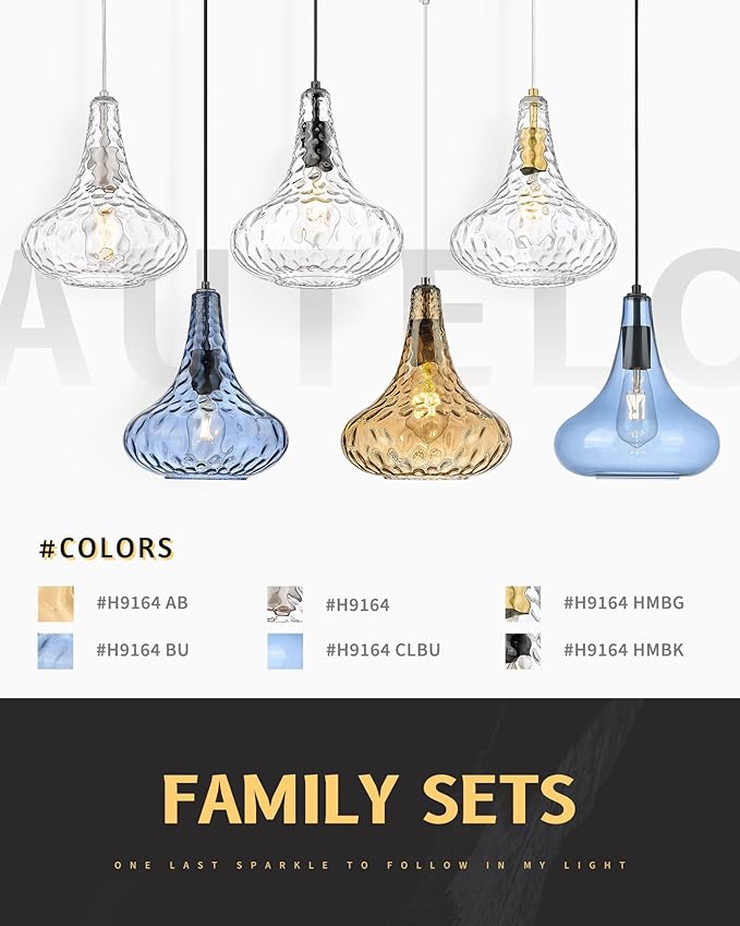 AUTELO Black Pendant Lights Kitchen Island, 10" Hammered Pendant Lights, Industrial Hanging Lamp in Matte Black Finish and Clear Hammered Glass, Pendant Light Fixtures for Dining Room, H9164 HMBK
