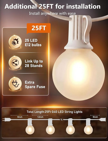 25FT G40 LED Frosted Outdoor String Lights, Globe String Lights with 27 Edison Shatterproof Bulbs(2 Spare), Decorative Lights for Bedroom Bistro Café Wedding, Warm White, White Wire