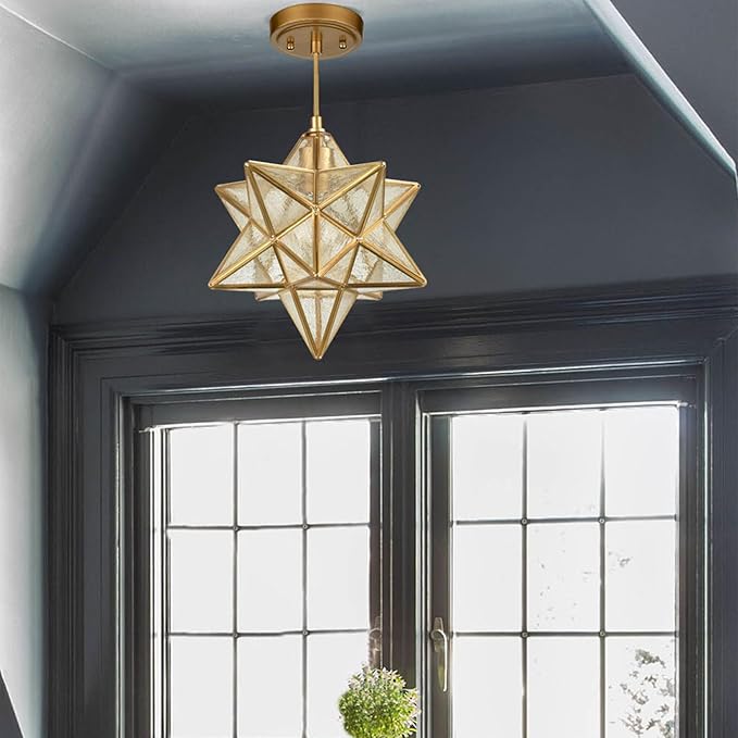 DAYCENT Brass Moravian Star Light in Seeded Glass Pendant Lights Fixture, 11-in