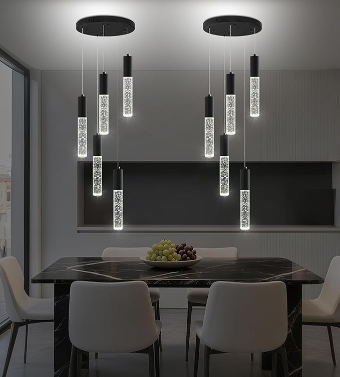 Modern Crystal Chandelier for Kitchen Island 5-Lights, Elegant Black LED Bubble Pendant Lighting Fixture for Dining Room Bedroom Entryway