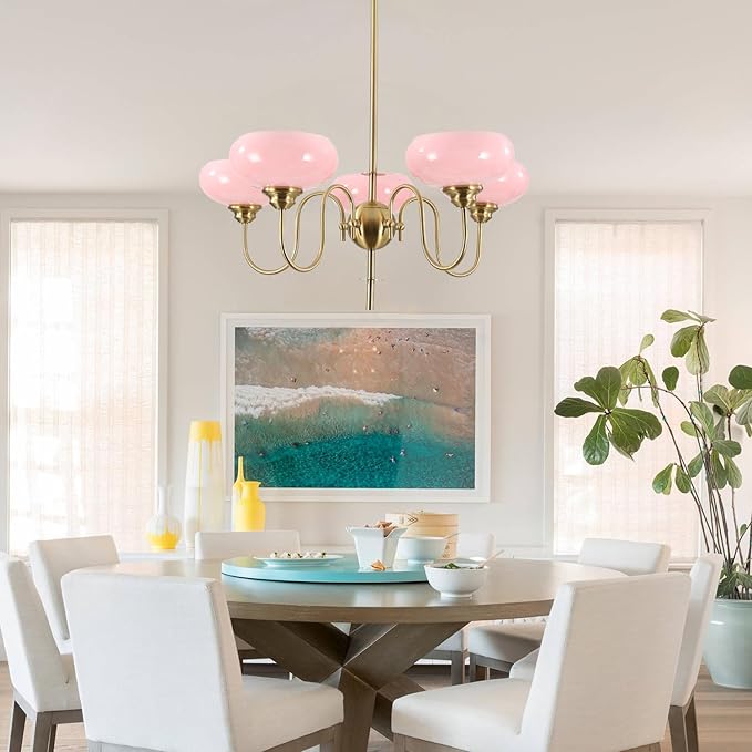 BOKT Pink Sputnik Chandelier Gold 5-Lights Semi Flush Mount Ceiling Light Pink Globe Chandelier Pendant Lighting Vintage Large Pendant Light Farmhouse Industrial Hanging Ceiling Light