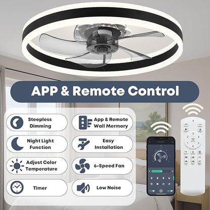 Fszdorj 23.6'' Ceiling Fan with Light, Upgraded Low Profile Fan, Flush Mount Ceiling Fan, 6 Speeds, Dimmable LED, App & Remote Control, Quiet DC Motor, for Bedroom, Living Room, F105 Black