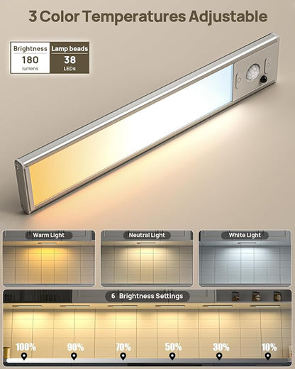 9inch Under Cabinet Lighting Wireless, Rechargeable Motion Sensor Indoor Light, 3 Color Temps & Dimmable Closet Lights with Remote, Magnetic Under Counter Light for Kitchen, Stairs, Wardrobe, 7 Pack