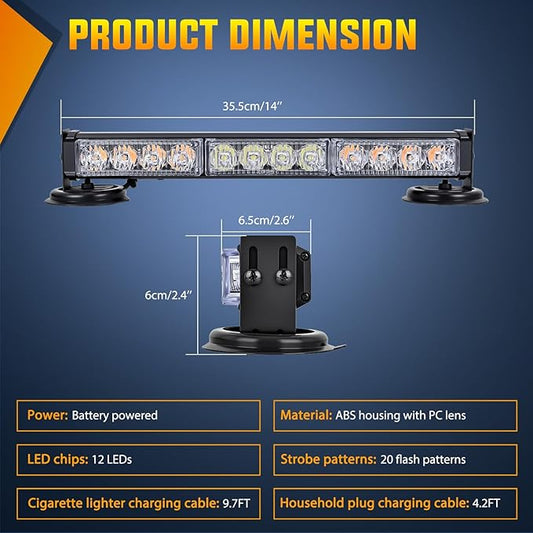 Nilight 12LED Wireless Emergency Strobe Light Amber White 14 Inch Magnetic Mount Mini Light Bar 12V Rooftop Powered Hazard Warning Flashing Lights for Car Truck Trailer Snow Plow Construction Vehicles