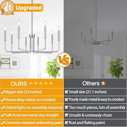 8-Light Farmhouse Chandelier for Dining Room Lighting Fixtures Hanging, Brushed Nickel Dining Light Fixtures Industrial Chandelier for Bedroom, Foyer, Hall, Kitchen, Living Room and Entryway