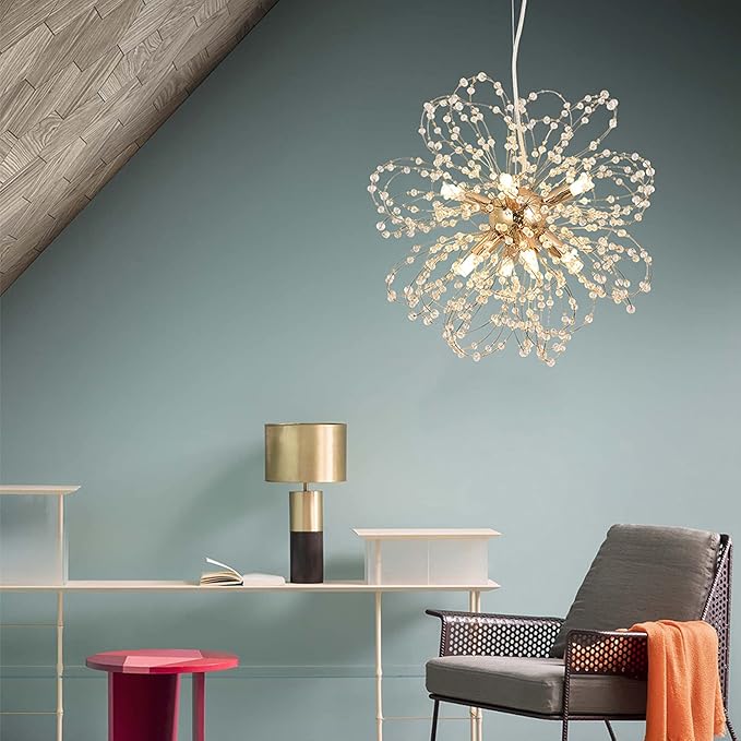 Firework Crystal Chandeliers, 8-Light Dandelion Gold Chandelier for Dining Room, Sputnik Small Chandeliers Light Fixture for Bedroom, Living Room, Kitchen, Restaurant