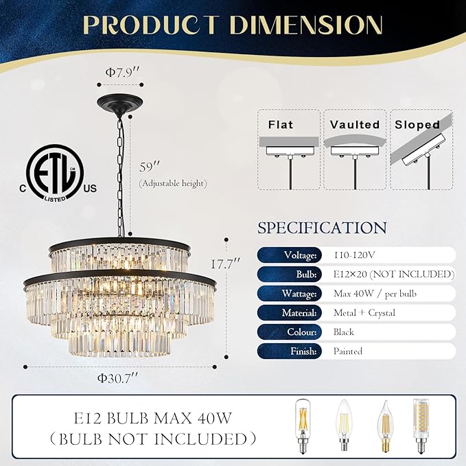 Large Black Crystal Chandeliers 20 Lights 31" Luxury 4-Tier K9 Crystal Lighting Modern Round Ceiling Pendant Light Fixture for Foyer Staircase Living Room Dining Room