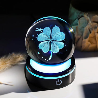 YWHL 3D Crystal Four-Leaf Clover Ball Figurine with Colorful LED Base, Four-Leaf Clover Good Luck Gifts for Women Men on Birthday, Glass Plants Art Statue Decorative Ball for Home Decor (80mm)