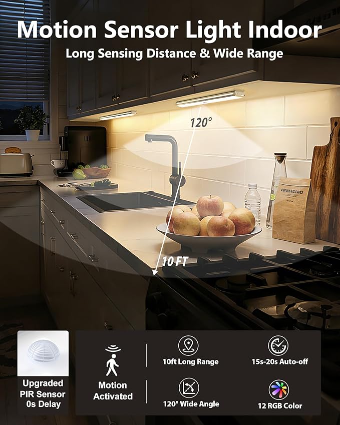 SZOKLED 58-LED Under Cabinet Lighting Wireless, RGB Motion Sensor Night Lights, 1100mAh Magnetic Under Cabinet Lights for Kitchen, Shelf, Stair, 15 Color (4 Pcs)