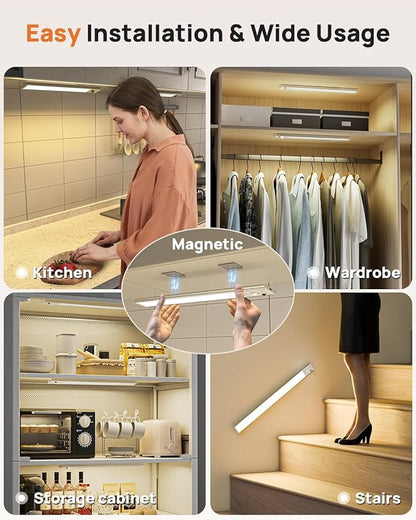 16in Under Cabinet Lighting with Remote, LED Motion Sensor Light Indoor, Rechargeable Closet Lights Wireless, Dimmable, 3 Color Temps, Magnetic Under Counter Lights for Kitchen, Pantry, Stair, 3 Pack