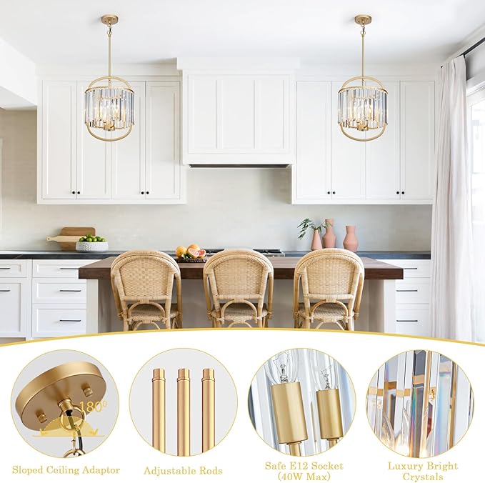 4-Light Modern Small Crystal Chandelier Mini Gold Pendant Lighting 12.8" Crystal Lamp for Closet Bedroom Foyer Dining Room Hanging Ceiling Light Fixture