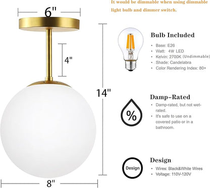 Globe Semi Flush Mount Ceiling Light Fixture Globe Ceiling Light Milk Glass Matte Gold Finish Contemporary Mid Century Modern Lighting for Hallway Living Room Kitchen Bedroom Storage(Bulb Included)