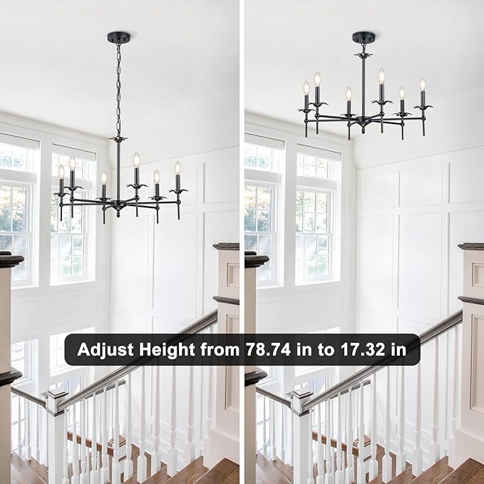 6-Light Black Farmhouse Chandelier 29in Modern Matte Candle Light Fixture Industrial Hanging Ceiling Lighting for Dining Room Over Table Kitchen Island Living Room Bedroom Foyer Entryway