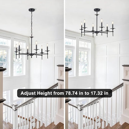 6-Light Black Farmhouse Chandelier 29in Modern Matte Candle Light Fixture Industrial Hanging Ceiling Lighting for Dining Room Over Table Kitchen Island Living Room Bedroom Foyer Entryway