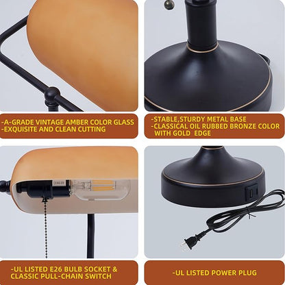 Vintage Bankers Desk Lamp with Pull Chain Switch, Traditional Desk Lamp with USB A and Type C Charging Port, Oil Rubbed Bronze Table Lamp with Amber Glass Shade for Office, Library, Study Room