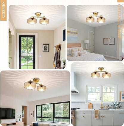 Semi-Flush Mount Ceiling Light Fixture, 2-Light Vintage Chandelier with Amber Glass Shades and Gold Frame, Mid-Century Modern Ceiling Lamp for Kitchen Island, Dining Room, Bedroom