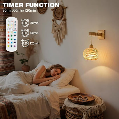 Vitnucrol Bamboo Battery Operated Wall Sconces Set of 2, Rechargeable Rattan Cordless Battery Powered Wall Lights/Lamps with Remote, Woven Boho Wireless Decor Lighting Fixture for Living Room Bedroom