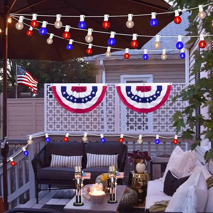 50FT G40 Red White and Blue Lights, 4th of July Decorations Lights Plug In with 50+3 LED Bulbs, Patriotic Decor Indoor Outdoor String Light for Party Patio Garden Bistro Independence Day Memorial Day