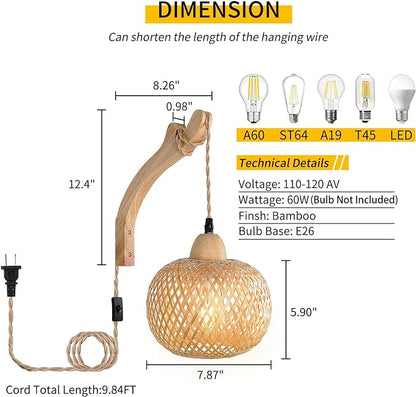 Frideko Bamboo Lantern Plug in Wall Sconces Wicker Wall Lamp with Plug in Cord Hand Woven Rattan Wall Light Farmhouse Rustic Wall Sconces Boho Sconces Wall Lighting for Living Room Bedroom