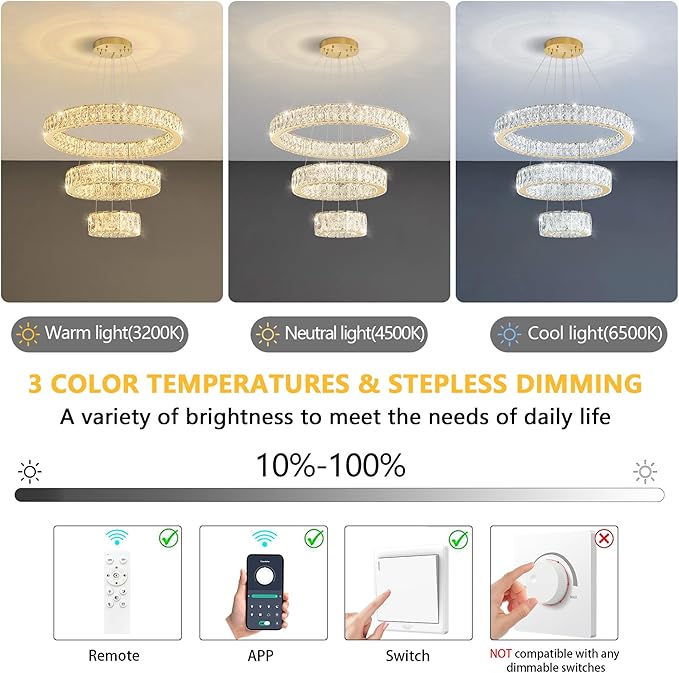 Modern Crystal Chandelier 36W Dimmable LED Ceiling Light Fixture with Remote Luxury Adjustable Pendant Light for Living Room Dining Room Gold