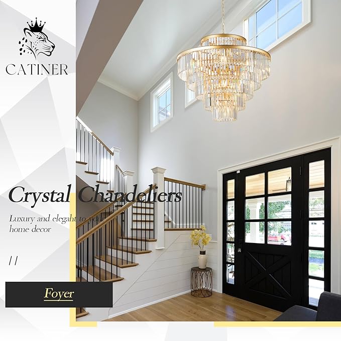 CATINER Large 36" Gold Crystal Chandeliers 23 Lights Modern Luxury Chandelier for Foyer Staircase Chandeliers 6 Tiers Round K9 Ceiling Pendant Lighting Fixture for Living Dining Room