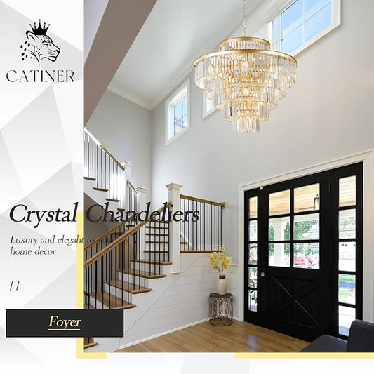 CATINER Large 36" Gold Crystal Chandeliers 23 Lights Modern Luxury Chandelier for Foyer Staircase Chandeliers 6 Tiers Round K9 Ceiling Pendant Lighting Fixture for Living Dining Room