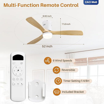 CACI Mall 52 Inch Wood Flush Mount Ceiling Fan with Lights, 3 Blades, Low Profile, Modern, 3CCT, Dimmable, Noiseless, Remote Contral, Outdoor Indoor Ceiling Fans for Bedroom/Farmhouse/Patio
