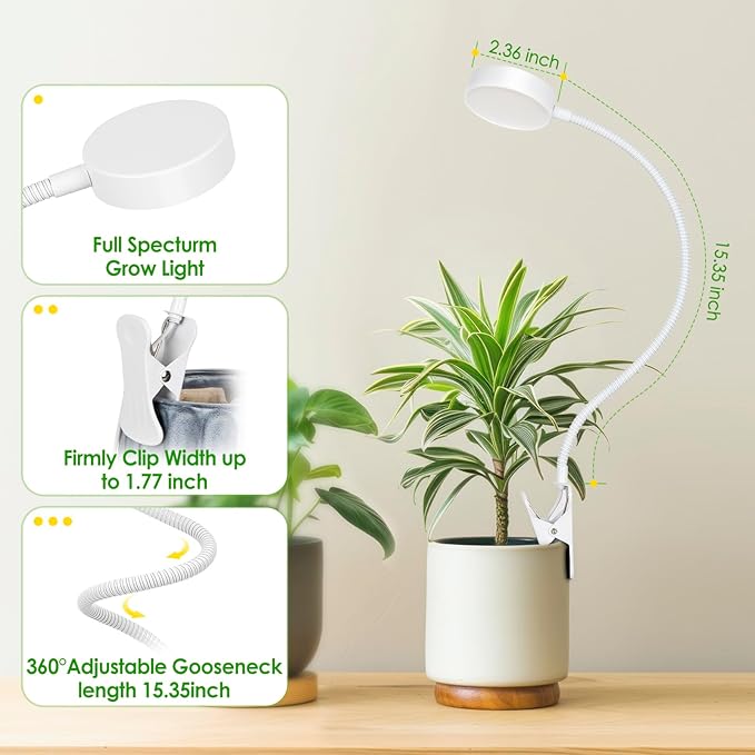 LORDEM Small Pot Clip Grow Light, Full Spectrum LED Plant Grow Lamp for Indoor Growing, Auto On/Off Timer 4/8/12H, Plant Light with 4 Dimmable Brightness Levels, Ideal for Small Indoor Plants, 1 Pack
